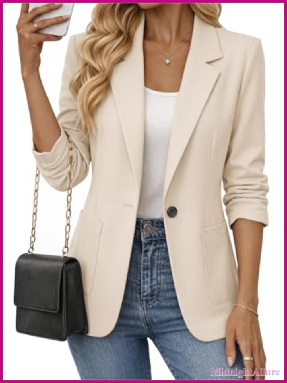 Womens Lightweight Fitted Blazer 3/4 Ruched Sleeve Business Casual